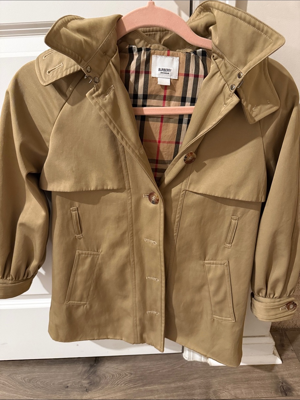 Burberry Khaki Short Trench Coat with Signature Check Lining